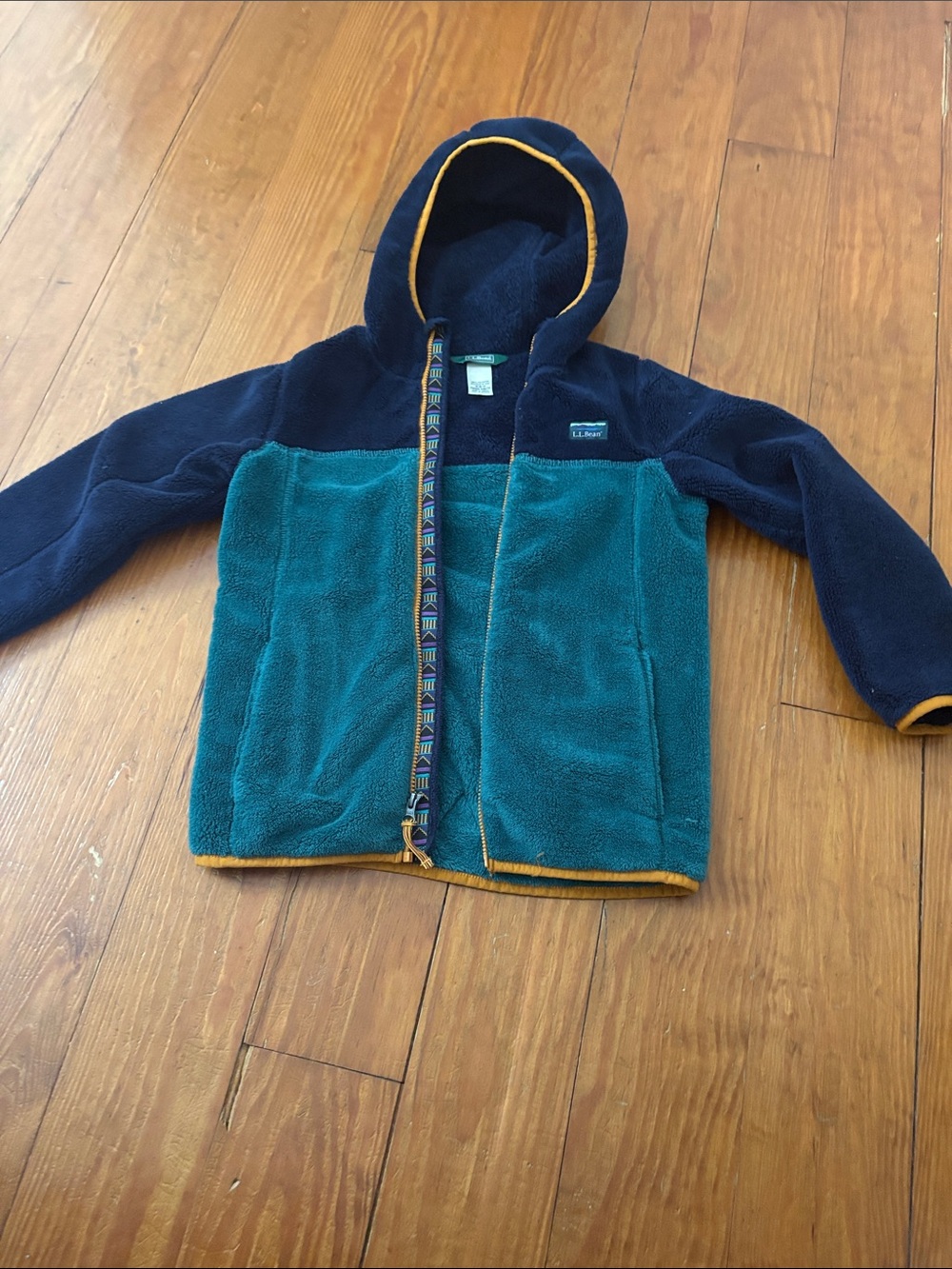 L.L. Bean Kids Two-Tone Navy & Teal Fleece Hoodie with Yellow Trim